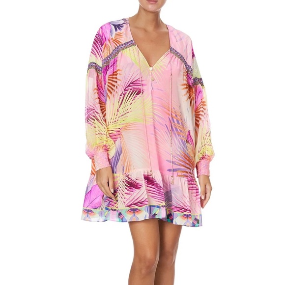 Camilla Dresses & Skirts - Camilla South Beach Sunrise 100% Silk Gathered Yoke Short Dress Blouson Sleeves